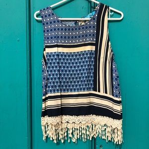 BUTTONS blue print tank top blouse with tassels
